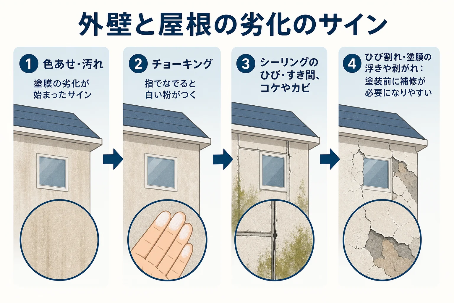 外壁と屋根の劣化のサインを、色あせやチョーキングなどの軽いサインから塗膜の剥がれなど補修が必要になりやすいサインまで順に示した図解